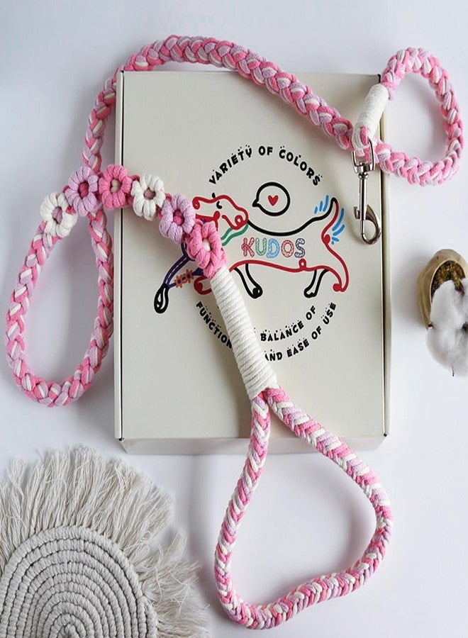 Kudos Handmade Braided Cotton Dog Leash - 5ft Durable and Stylish Leash with Unique Floral Handle, Ideal for Small to Large Dogs, Pink Color - Image 5