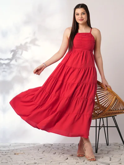 globus Women Red Square Neck Strappy Shoulder Ruched Smocked Cut-Outs Detail Tiered Fit & Flare Maxi Party Dress