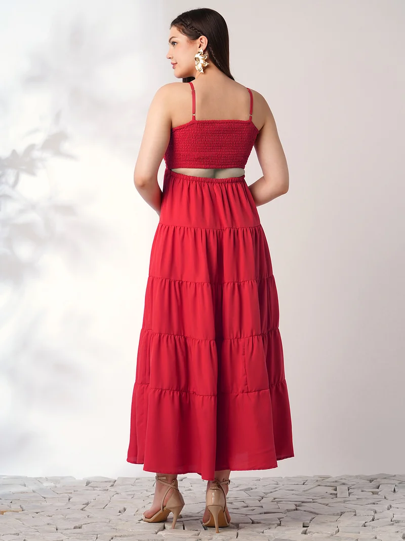 globus Women Red Square Neck Strappy Shoulder Ruched Smocked Cut-Outs Detail Tiered Fit & Flare Maxi Party Dress