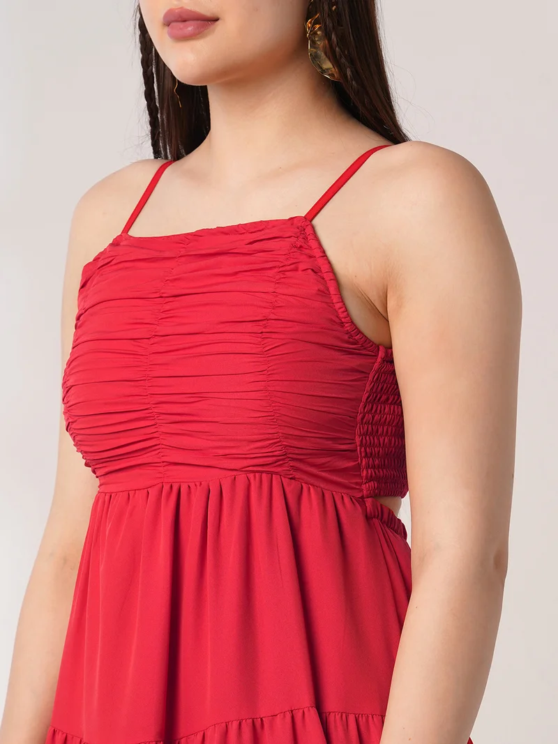 globus Women Red Square Neck Strappy Shoulder Ruched Smocked Cut-Outs Detail Tiered Fit & Flare Maxi Party Dress