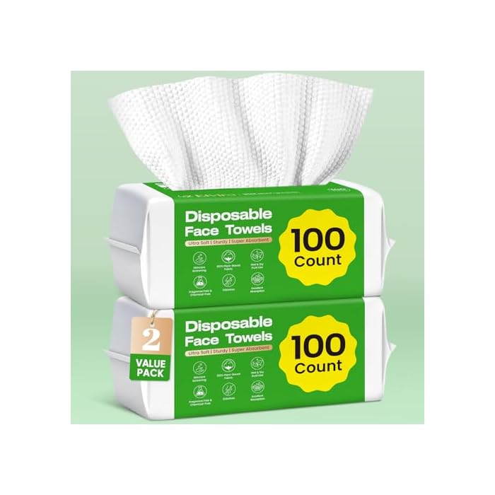 Elvira 200 Count (2 Pack) Disposable Face Towels, Biodegradable Skincare Facial Cleansing Towels, Ultra Soft & Thick Makeup Remover Dry Wipes, Lint-Free & Vegan for Sensitive Skin, Travel Essential