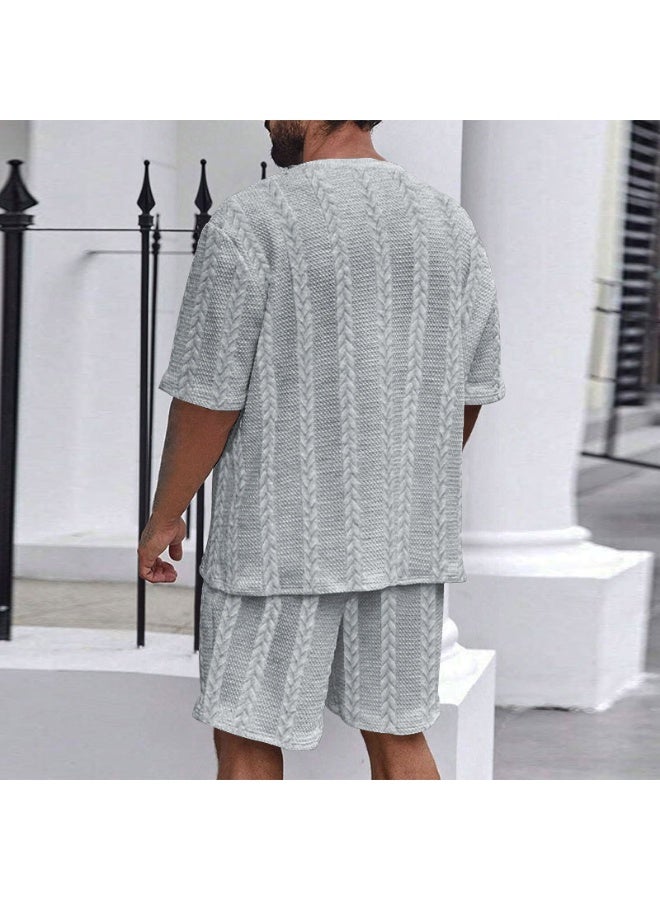 Summer Casual Knitted Solid Color round Neck Short Sleeve Sport Men's Set Short Pants Embroidery Fitness Outfit Short Shorts - Image 2