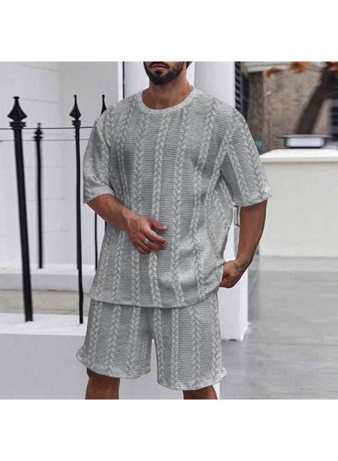 Summer Casual Knitted Solid Color round Neck Short Sleeve Sport Men's Set Short Pants Embroidery Fitness Outfit Short Shorts - Image 1
