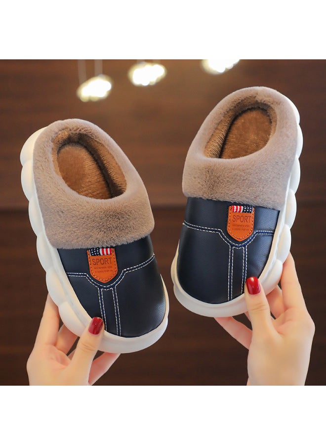 Children's Cotton Slippers Pu Leather Waterproof Soft Bottom Non-slip Fleece-lined Thickened Parent-child Adult Couple Home Winter Warm