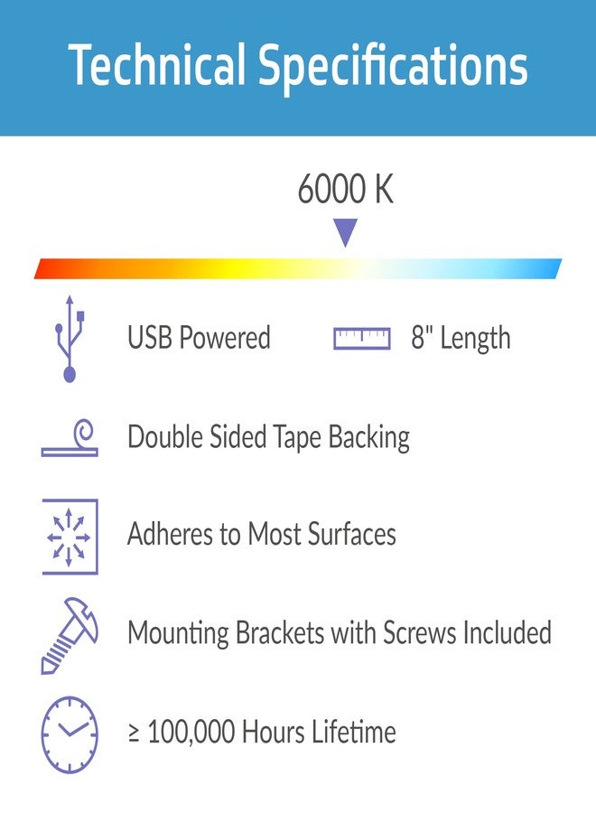 CleanLife TrueColor 8” Semi-Frosted USB-Powered LED Light Bar Kit with 48" USB Extension Cable - Easy-Install LED Bar Light & Extender Cord Bundle - Adhesive & Light Bar Mounting Brackets Included (Daylight) - Image 3