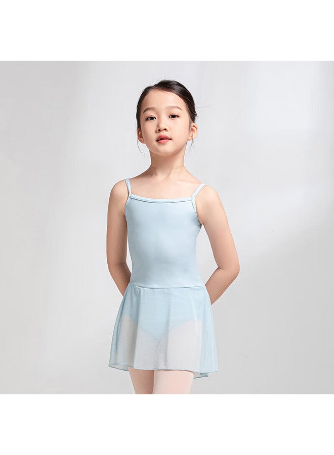 Sansha Children's Spaghetti Strap Dance Leotard, One-piece Ballet Practice Dress With Skirt, Training Outfit, Blue, M - Image 1