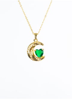 Stainless Steel  Necklace Gold with a Zirconic Cresent and Green Crystal Heart Pendant