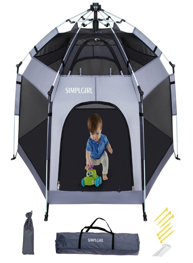 SIMPLGIRL Premium in Door and Out Door Baby Playpen - Portable, Lightweight, Pop Up Pack and Play Tod-dler Play Yard w/Canopy and Travel Bag - Grey - Image 1