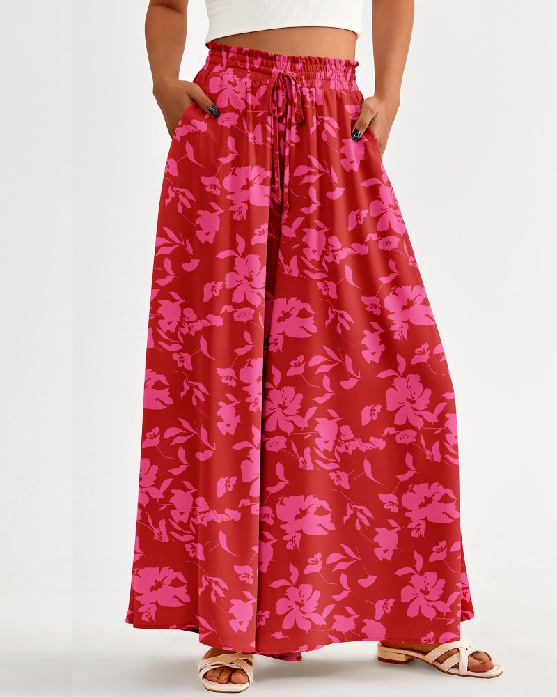 BTFBM Women Casual High Waist Wide Leg Pants 2025 Summer Fall Long Palazzo Pants Pocket Lounge Vacation Beach Trousers(Print Red, Medium) - Image 2