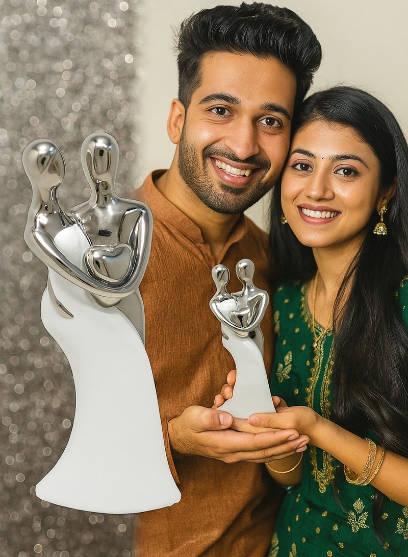 UPSCALE 30cm Beautiful Love Couple Home Decor Item, Artefact, Statue for Home Decor, Living Room & Gifting| White & Silver White & Silver - Image 2