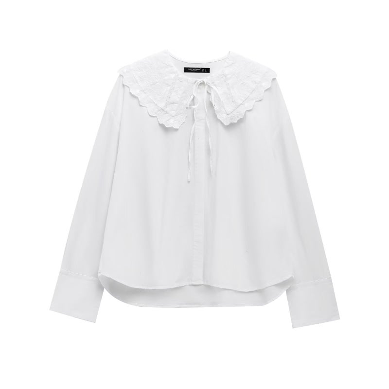 SAW AliExpress independent station womens European and American style small round lapel poplin comfortable long sleeve shirt 0881001 White