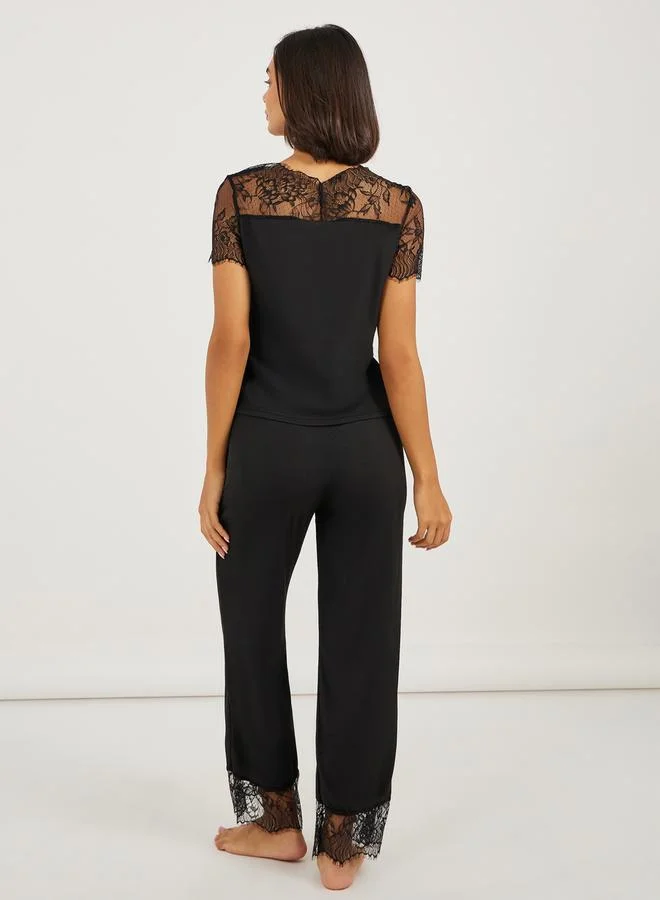 Styli Wide Lace Edge Detail Top and Pyjama Set