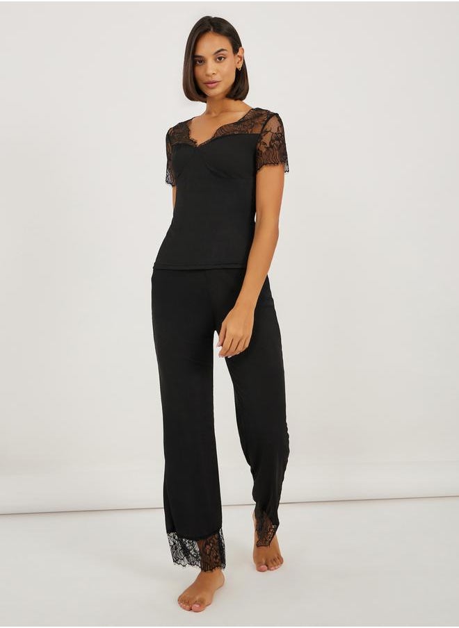 Styli Wide Lace Edge Detail Top and Pyjama Set  - Image 1