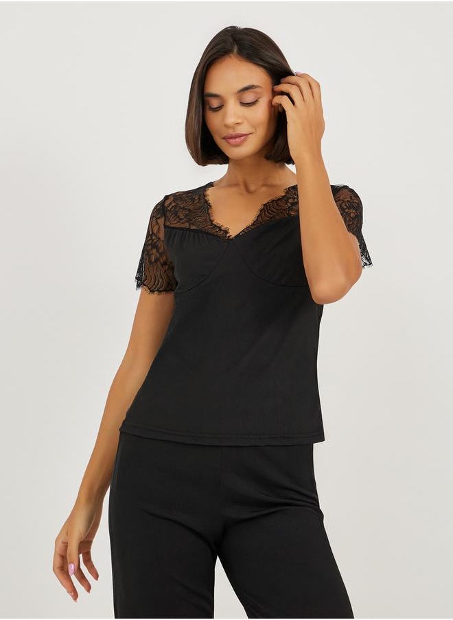 Styli Wide Lace Edge Detail Top and Pyjama Set  - Image 2