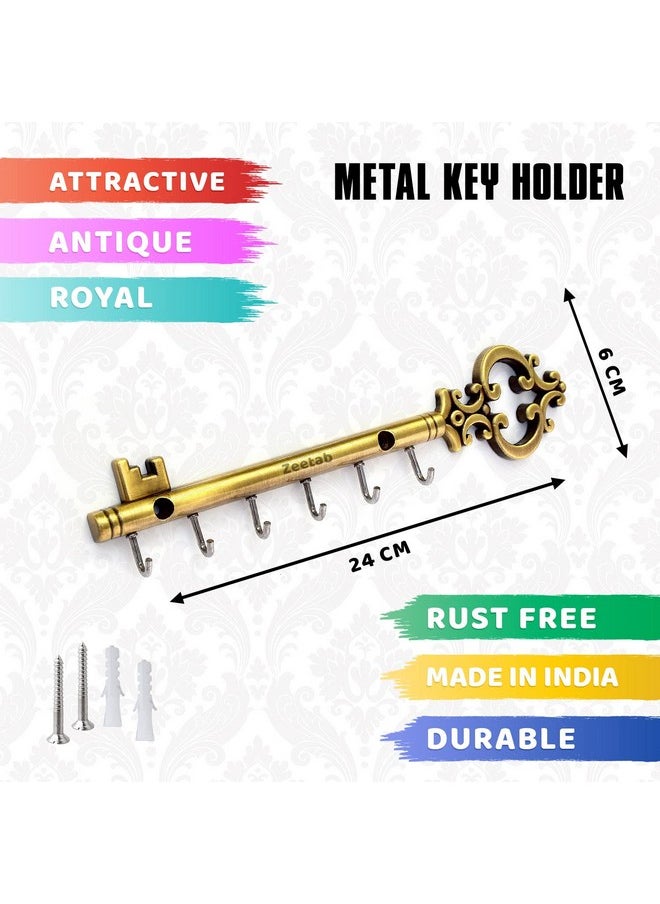 Zeetab Zeetab Royal Key Holder | Rajwadi Key Stand with 6 Hook & Brass Metal Wall Mount Hanger | Home Decor Gift (24x6cm) (Antique)  - Image 2