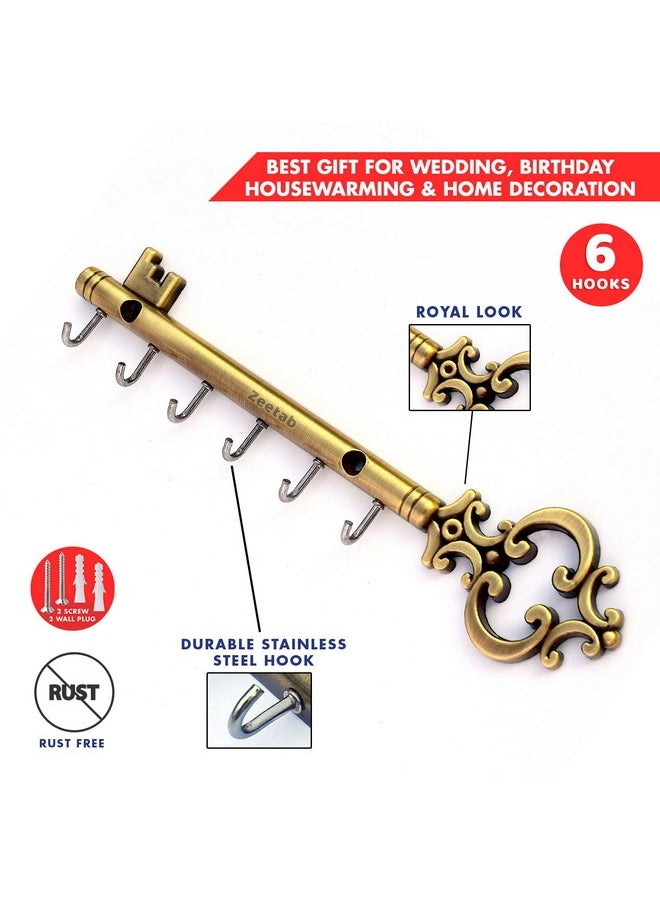 Zeetab Zeetab Royal Key Holder | Rajwadi Key Stand with 6 Hook & Brass Metal Wall Mount Hanger | Home Decor Gift (24x6cm) (Antique)  - Image 3