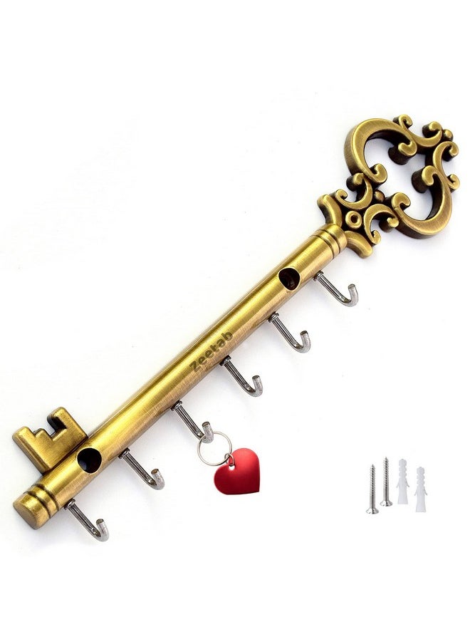 Zeetab Zeetab Royal Key Holder | Rajwadi Key Stand with 6 Hook & Brass Metal Wall Mount Hanger | Home Decor Gift (24x6cm) (Antique)  - Image 1