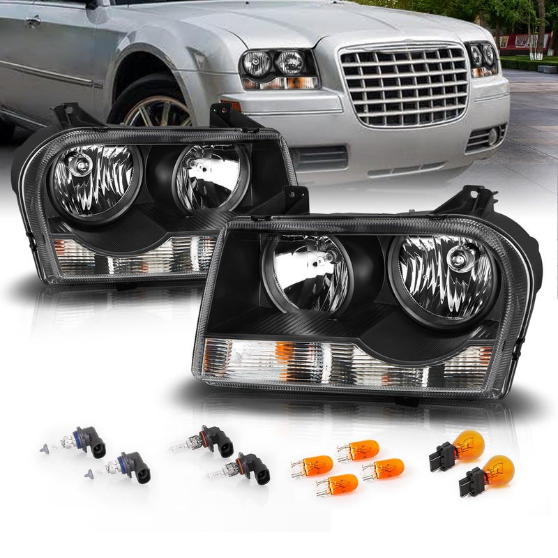 AmeriLite for 20052010 Chrysler 300 Sedan Halogen Type OE Style Black Replacement Headlight Assembly wBulb Socket Pair Passenger Driver Side