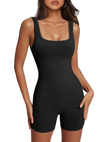 AUTOMET Women's One Piece Jumpsuits Short Bodysuit Workout Rompers Summer Outfits Gym Yoga Beach Fashion Clothes 2025 Black L - Image 1