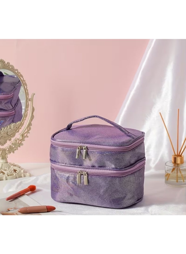 Double-Layer Glitter Makeup Bag, Portable Cosmetic Travel Organizer with Handle Travel Makeup Bags for Women, Waterproof Portable Cosmetic Cases Make up Organizer for Makeup, Cosmetics Tools - Image 1
