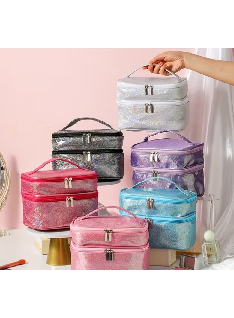 Double-Layer Glitter Makeup Bag, Portable Cosmetic Travel Organizer with Handle Travel Makeup Bags for Women, Waterproof Portable Cosmetic Cases Make up Organizer for Makeup, Cosmetics Tools - Image 2