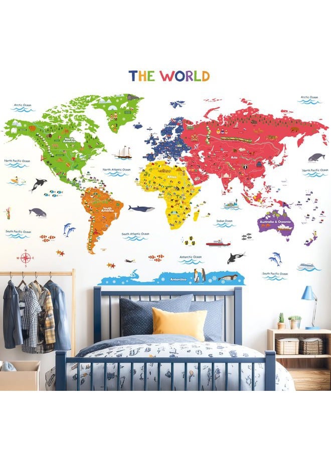 Decowall ملصقات حائط خريطة العالم الملونة للأطفال DLT-1616N ملصقات حائط قابلة للإزالة واللصق لغرفة الأطفال وغرفة النوم وغرفة المعيشة (كبير جداً) - Image 3