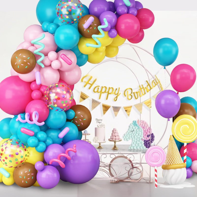 Isndare Rainbow Colorful Balloons Arch for Candy Sweet One Two Donut Grow Up Ice Cream Birthday Party Decorations Pastel Purple Pink Blue Yellow Brown Confetti Latex Balloons Garland with Long Balloon - Image 5