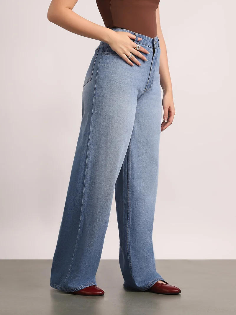 Urbano Fashion  Urbano Fashion Women's Light Blue High Rise Loose Baggy Fit Washed Jeans Non-Stretchable  | Best Price UAE