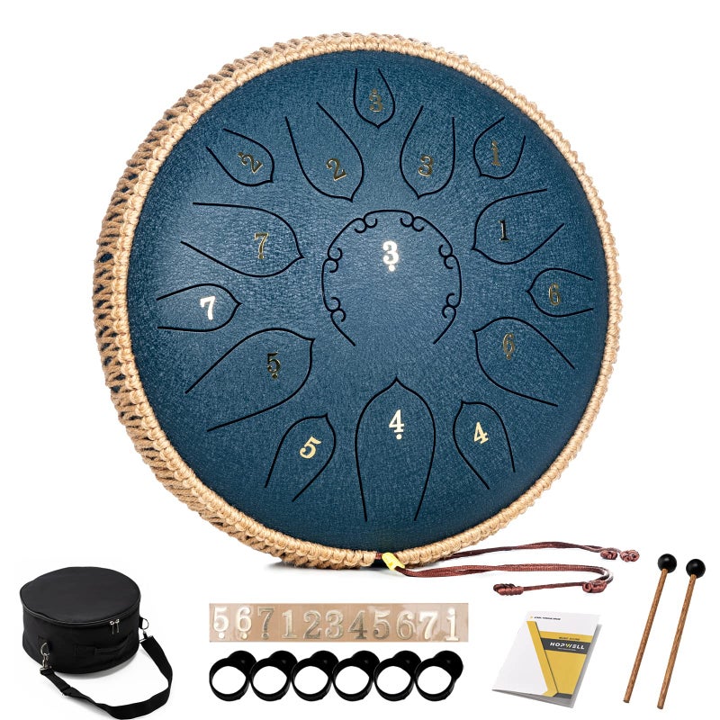 HOPWELL درام لسان هوبويل الفولاذي - 15 نغمة 12 بوصة - آلات إيقاع - درام بان يدوي مع كتاب موسيقي، عصي درام وحقيبة حمل، دو ماجور، أزرق بحري - Image 1