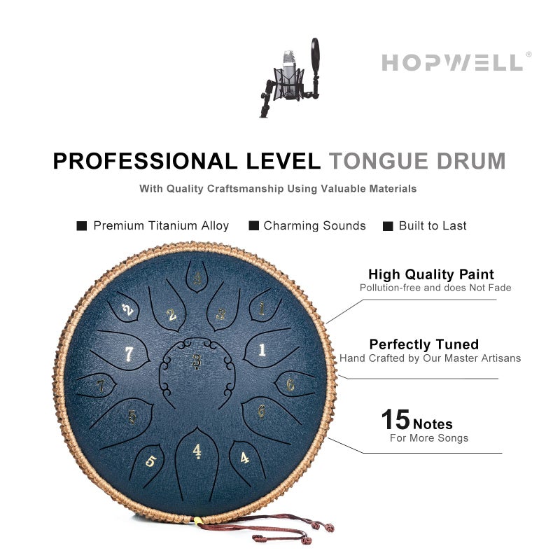 HOPWELL درام لسان هوبويل الفولاذي - 15 نغمة 12 بوصة - آلات إيقاع - درام بان يدوي مع كتاب موسيقي، عصي درام وحقيبة حمل، دو ماجور، أزرق بحري - Image 3
