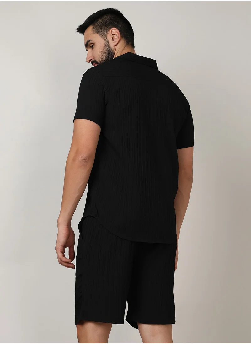 Campus Sutra Men's Midnight Black Self-Design Striped Co-Ord Set