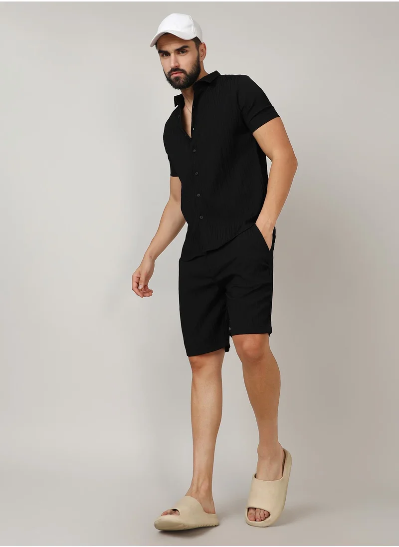 Campus Sutra Men's Midnight Black Self-Design Striped Co-Ord Set