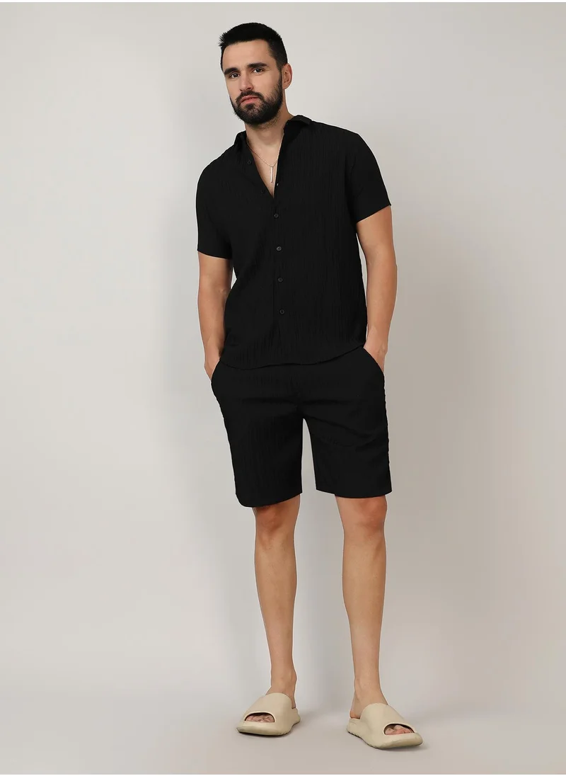 Campus Sutra Men's Midnight Black Self-Design Striped Co-Ord Set