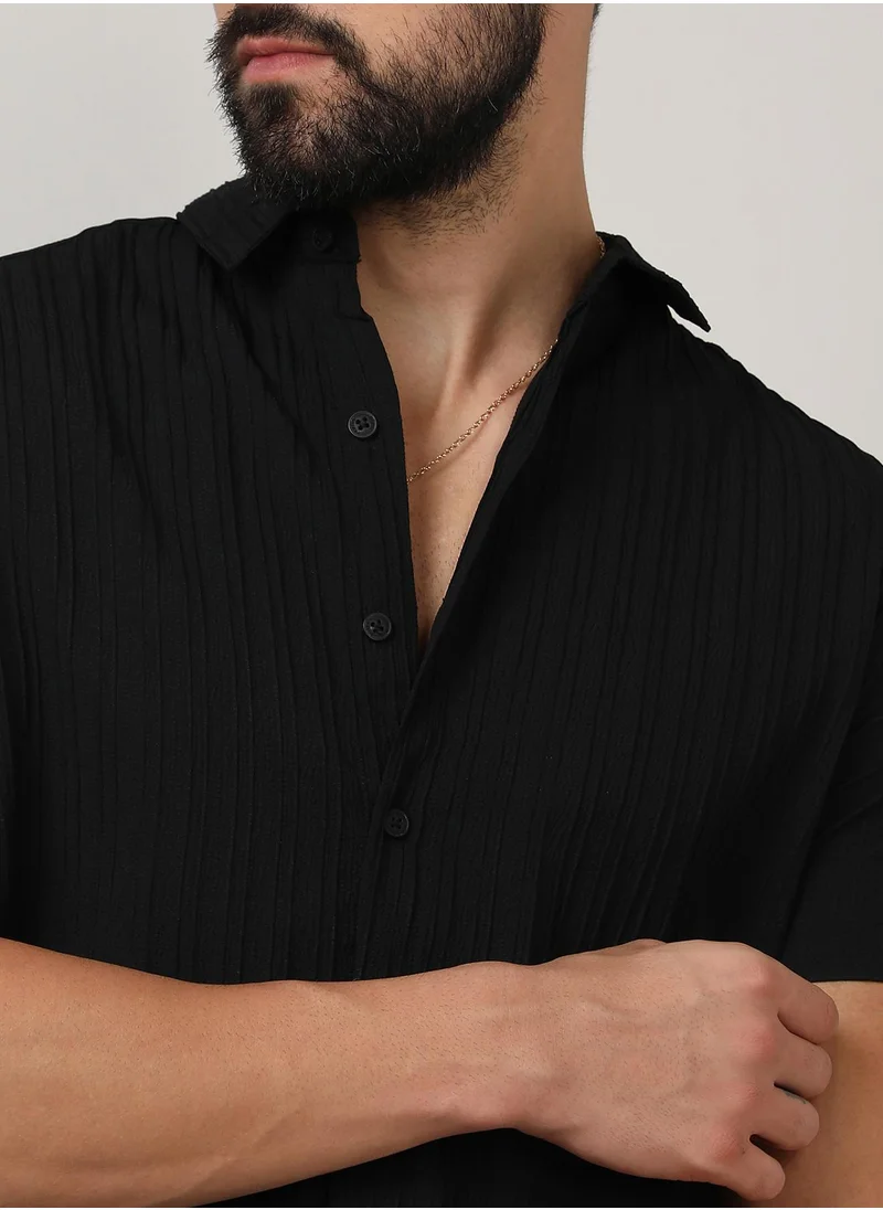 Campus Sutra Men's Midnight Black Self-Design Striped Co-Ord Set