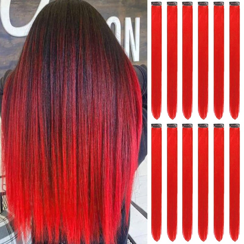12 PCS Red Hair Extensions Clip in Colored Party Highlights Extension for Kids Girls Synthetic Hairpiece Straight 22 inch
