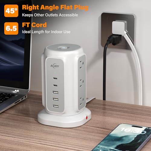 AiJoy Flat Plug Power Strip Tower 9 Outlets and 5 USB Ports (2 USB-C), 1200J Surge Protection, 6.5ft 1625W Extension Cord Charging Station for Home, Office Supplies, Dorm Essentials - Image 5