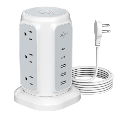 AiJoy Flat Plug Power Strip Tower 9 Outlets and 5 USB Ports (2 USB-C), 1200J Surge Protection, 6.5ft 1625W Extension Cord Charging Station for Home, Office Supplies, Dorm Essentials - Image 1