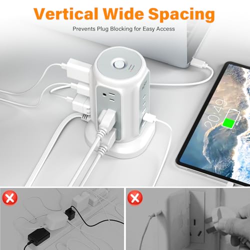 AiJoy Flat Plug Power Strip Tower 9 Outlets and 5 USB Ports (2 USB-C), 1200J Surge Protection, 6.5ft 1625W Extension Cord Charging Station for Home, Office Supplies, Dorm Essentials - Image 3