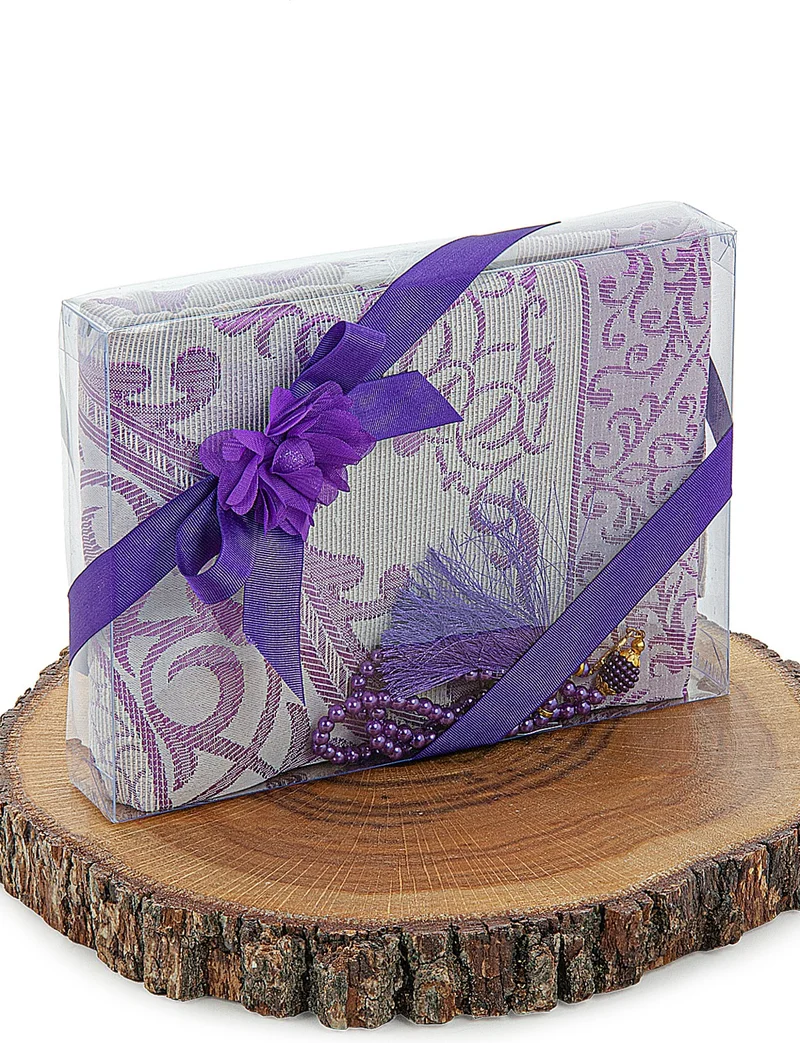 İhvan Online Ihvan Online Dowry Prayer Rug Set with Pearl Prayer Beads and Gift Box Suitable for the Bride and Groom's Package, Purple