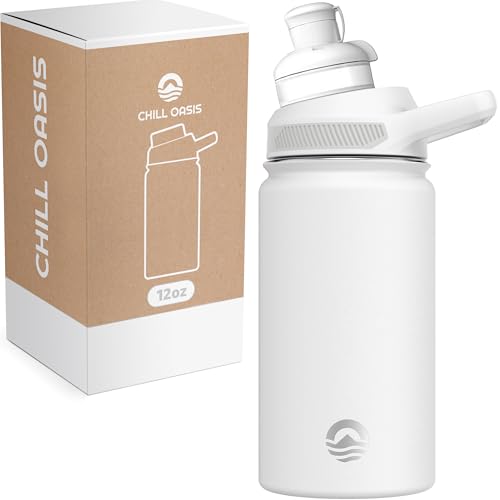Chill Oasis Water Bottle | Compatible With Popular Flavor Cartridges | BPA Free, Leak Proof, Double-Walled Vacuum Insulated Stainless Steel, and Dishwasher Safe | Cold for 24 Hours (White, 12oz) - Image 1