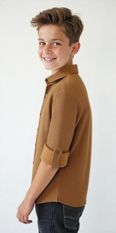 CAVIO Boys Spread Collar Full Sleeves Plain Shirt Brown - Image 3