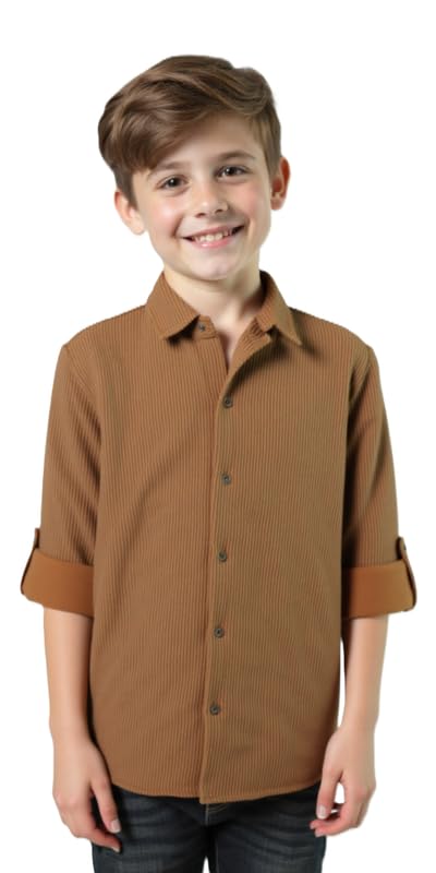 CAVIO Boys Spread Collar Full Sleeves Plain Shirt Brown - Image 1