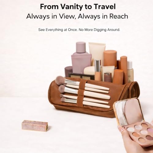 APT 1101 Large Standing Foldable Makeup Bag for Travel, Vertical Folding Down Design, Organized Cosmetic & Skincare Bag for 2–4 Week Trips (Chocolate) - Image 4