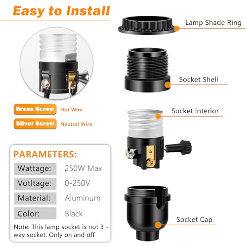 Aolloa UL Listed E26 Light Socket, Threaded Lamp Socket Replacement with ON/Off Switch Medium Base Lamp Parts with Lamp Shade Ring Ring for Table lamp, Floor lamp, Light Fixture, Black 1-Pack - Image 3