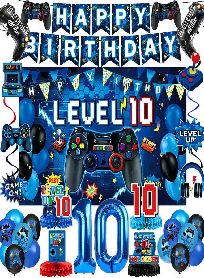 Oigco 10th Birthday Decorations for Boys, Blue Video Game Party Decorations, Level 10 Backdrop, Banner, Hanging Swirls, Honeycomb Centerpieces, Foil & Latex Balloons for 10 Years Old Boy Birthday Decor - Image 1