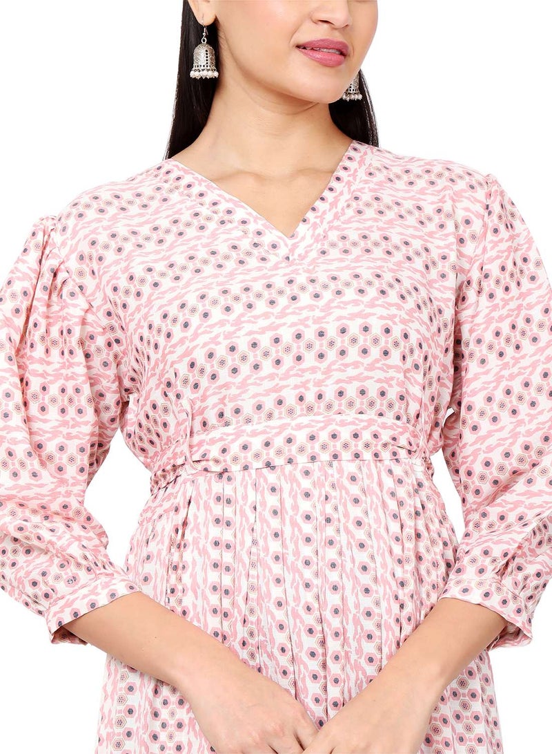HANA & SARA SOFT VISCOSE PINK COLOUR SMALL PRINTED WITH SEPRATE BELT TIEING SHORT ARABIC KAFTAN JALABIYA DRESS - Image 3