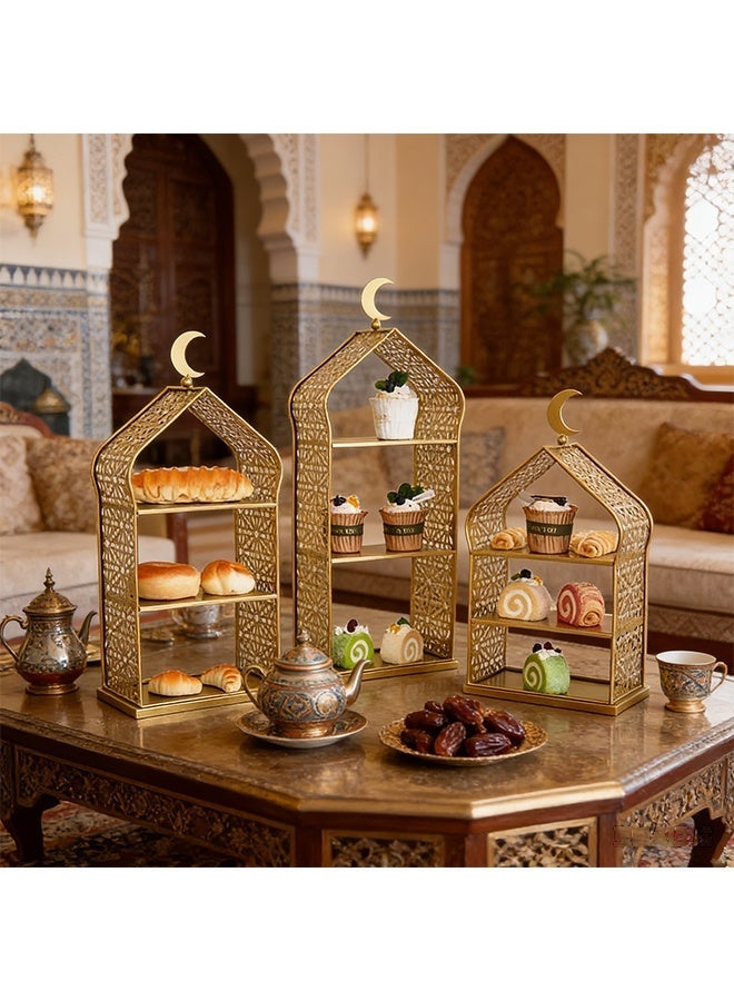 3-Piece Set Dessert Stand, 3-Tier Dessert Display Stand, Cupcake Display Stand with Moon Decoration, Golden Iron Decorative Hollow Dessert Stand, Suitable for Eid Table, Pastries, Bread, Fruits, Gift Giving and Luxurious Home Decoration - Image 1