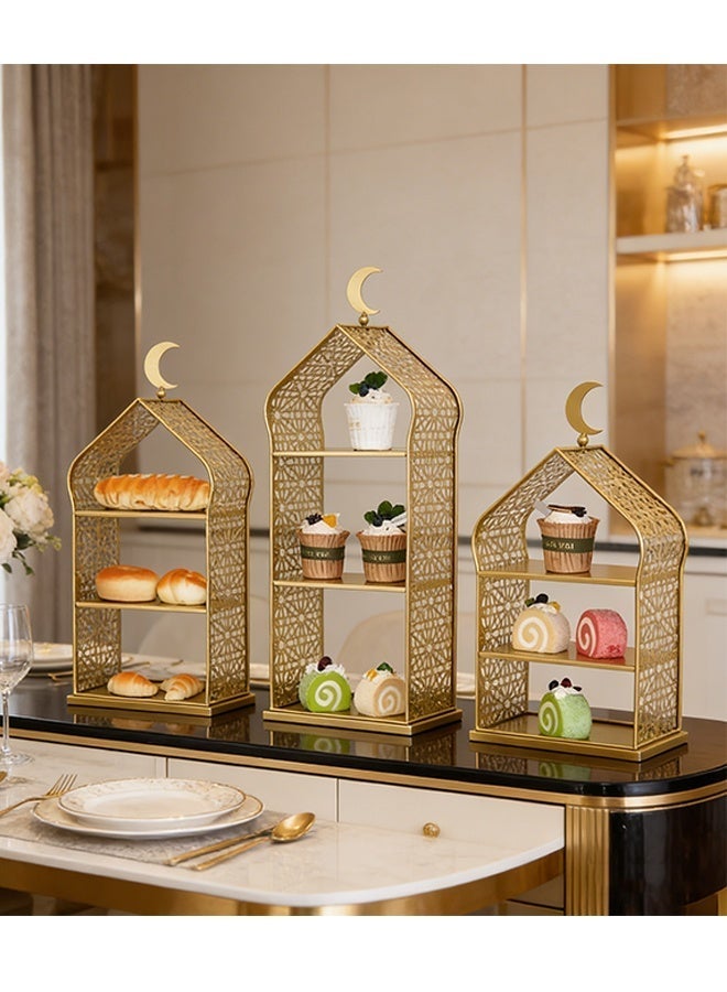 3-Piece Set Dessert Stand, 3-Tier Dessert Display Stand, Cupcake Display Stand with Moon Decoration, Golden Iron Decorative Hollow Dessert Stand, Suitable for Eid Table, Pastries, Bread, Fruits, Gift Giving and Luxurious Home Decoration - Image 3