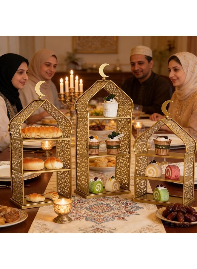 3-Piece Set Dessert Stand, 3-Tier Dessert Display Stand, Cupcake Display Stand with Moon Decoration, Golden Iron Decorative Hollow Dessert Stand, Suitable for Eid Table, Pastries, Bread, Fruits, Gift Giving and Luxurious Home Decoration - Image 4