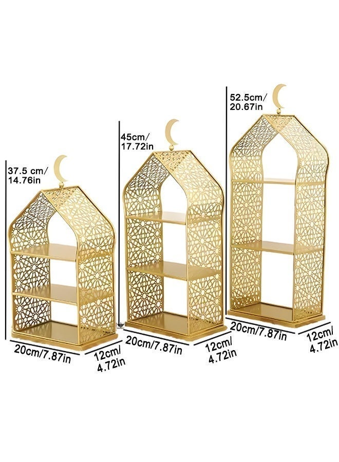 3-Piece Set Dessert Stand, 3-Tier Dessert Display Stand, Cupcake Display Stand with Moon Decoration, Golden Iron Decorative Hollow Dessert Stand, Suitable for Eid Table, Pastries, Bread, Fruits, Gift Giving and Luxurious Home Decoration - Image 2